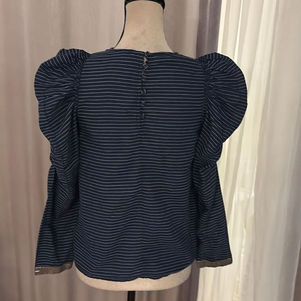 Ulla Johnson Striped Navy Top with Puff Sleeves, US2